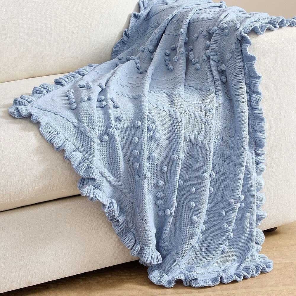 LoveShackFancy x Pottery Barn Calantha Blanket Light Blue Heart Bobble Throw NWT